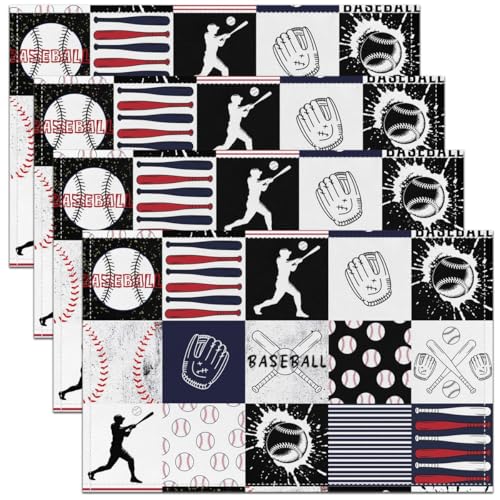 Baseball Placemats Set of 4,Baseball Player Bat Pattern Table Mats,Red Navy Blue Striped Plaid Patchwork Placemat for Kitchen Dining Table Modern Ball Sports Dining Table Decor,18"x12" - color: Baseball Plaid