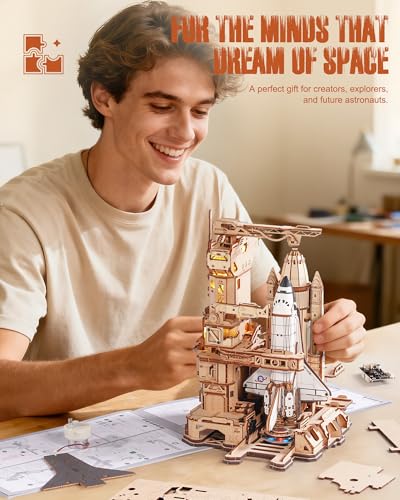 ROBOTIME 3D Space Shuttle Wooden Puzzle for Adults, Dynamic Rocket Launch Model Building Kits with Lights, AS Home Desktop Decoration for Men Gifts (446 Pieces,8 Hours Finished)