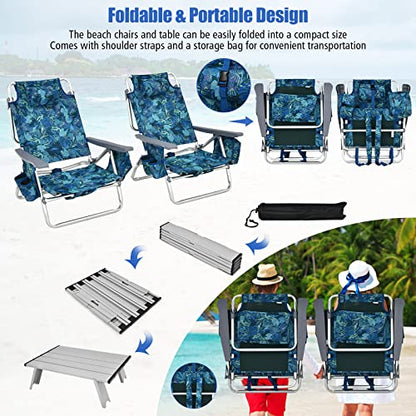 Tangkula Backpack Beach Chair with Table, 5-Position Lay Flat Lightweight Low Folding Beach Chairs with Cooler Bag, 2 Cup Holders, Towel Bar, Backpack Straps - color: Navy, style: 2 Pack with Table