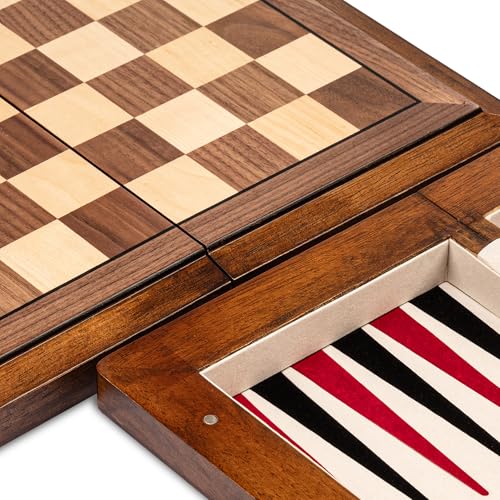 15.5'' Deluxe Solid Wood 3-in-1 Chess Set: Portable Chess, Backgammon, and Checkers with Hollow Handle Box, Folding Board for Travel, Suitable for Adults