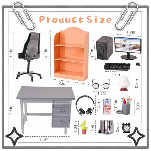 1:12 Scale Doll House Mini Computer Office Desk Furniture Accessories Set | Accessories for dollhouse: storage cabinets, books, desk lamps, eyeglasses, headsets, cell phones and game controllers