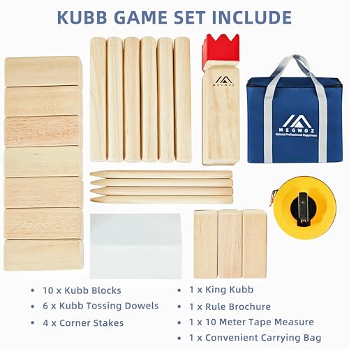 MEGWOZ Kubb Yard Game Set Standard Size Wooden Throwing Toss Game Viking Chess Outdoor Lawn Games for Adults Family with Carry Case Measuring Tape New Zealand Pine