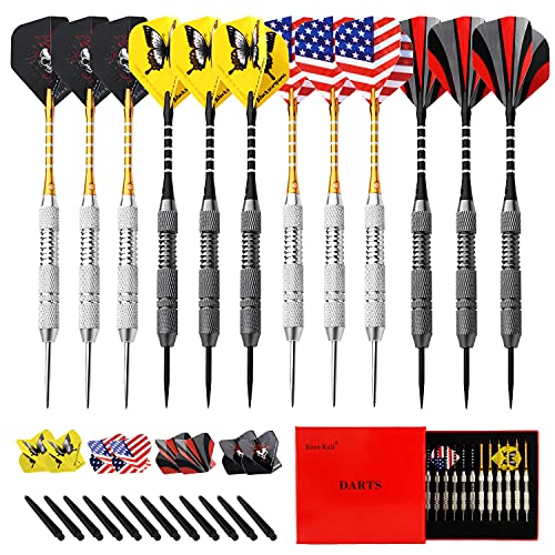 Steel Tip Darts Set, 12 Pack 24 Grams Professional Metal Dart Set with 20 Flights(4 Style) + 12 Aluminium Shaft
