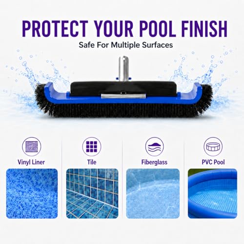 17.5" Pool Brush Head, Curved Swimming Pool Cleaning Brush with Reinforced Aluminum Back & Nylon Bristles, Heavy Duty Scrubber for Pool Walls Tiles Floors, Blue - color: Blue