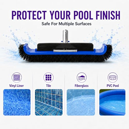 17.5" Pool Brush Head, Curved Swimming Pool Cleaning Brush with Reinforced Aluminum Back & Nylon Bristles, Heavy Duty Scrubber for Pool Walls Tiles Floors, Blue - color: Blue