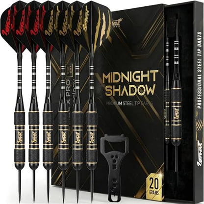 Steel Tip Darts, 6 Pack Knurled Brass Barrels with EVA Case, Darkborn | 16 GlideXPro 130 micron flights, aluminum shafts w/ O-rings, sharpener, dart tool, ebook, 10-yr warranty - color: Crimson - Midnight Shadow