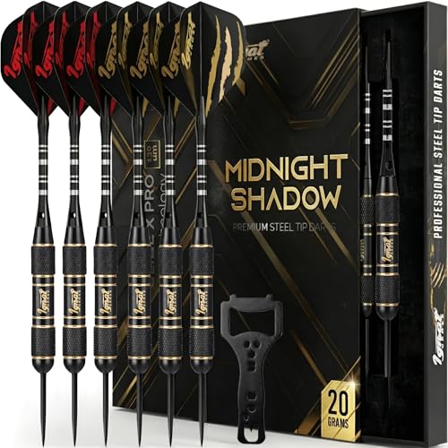 Steel Tip Darts, 6 Pack Knurled Brass Barrels with EVA Case, Darkborn | 16 GlideXPro 130 micron flights, aluminum shafts w/ O-rings, sharpener, dart tool, ebook, 10-yr warranty - color: Crimson - Midnight Shadow