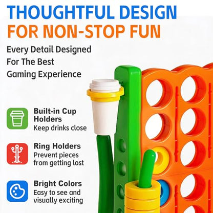 Giant 4 in a Row Game with Quick-Release Slider & Cup Holders, 43" Tall x 46.5" Wide Jumbo Yard Game, 46 Rings & Heavy-Duty Carrying Bag, Perfect for Parties and Camping - color: Orange+Green