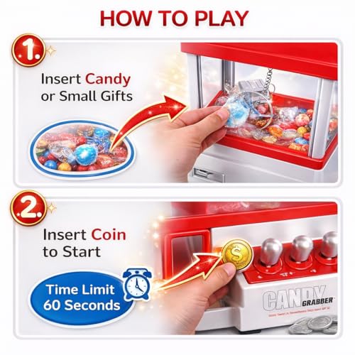 Japard Claw Machine for Kids, Mini Candy Vending Machine, Manual Arcade Game with Adjustable Sound, Candy Grabber Prize Dispenser, Gifts for Girls Boys Easter Party