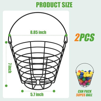 10L0L 2 Pack Metal Golf Ball Basket with Handle, Holds 50 Balls Each, Driving Range Practice Ball Bucket, Black (GolfBalls Not Included)