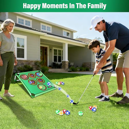 34 Pcs 3-in-1 Battle Golf Game Set with Stand & Club, Jumbo 32" x32“ Chipping Game Mat with 20 Sticky Balls, 6 Hole Covers, Indoor Outdoor Backyard Golf Game Kit, Ideal Gift for Family