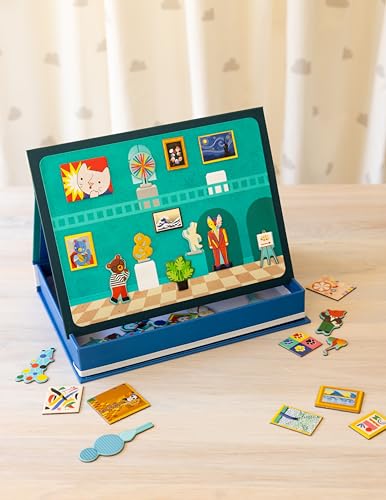 Petit Collage: My Museum Magnetic Play Scene - Fill the Museum with Iconic Art Pieces and Take Your Animal Friends on a Tour- Includes 2 Play Scenes and Over 40 Play Pieces - Great Travel Activity - color: My Museum