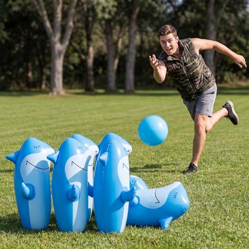 Foilswirl 11 Pcs 27" Shark Inflatable Bowling Set, 10 Pcs Giant Inflatable Bowling Pins and 23" Giant Ball, Summer Shark Party Set for Water Sports Fun Indoor Outdoor Gift