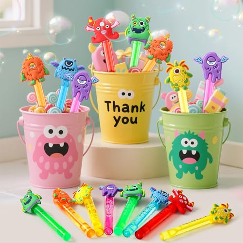 Winrayk Monster Party Favors, 24Pcs Self-designed Mini Bubble Wands for Kids Bubbles Bulk with Detachable Topper (6 Styles & Colors), Birthday Gift Toy Pinata Filler Goodie Bag Stuffer Classroom Prize - style: Monster