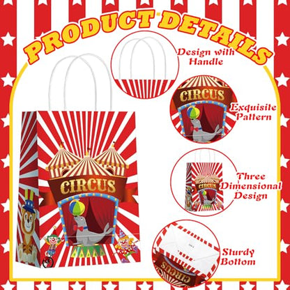 Kolldenn 48 Pcs Carnival Party Favor Bags Circus Gift Goodie Paper Bags with Handles Red White Stripe Circus Treat Candy Pouch for Carnival Party Supplies Birthday Mardi Gras Decorations - style: Circus