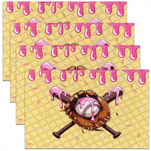 Ice Cream Drip Baseball Kids Placemats Set of 4,Baseball Bat Gloves Ball Sport Game Table Place Mats,Waffle Cake Biscuit Dessert Kitchen Decor,Pink Brown Placemat Kitchen Table Decoration 12"x18" - color: Pink Brown