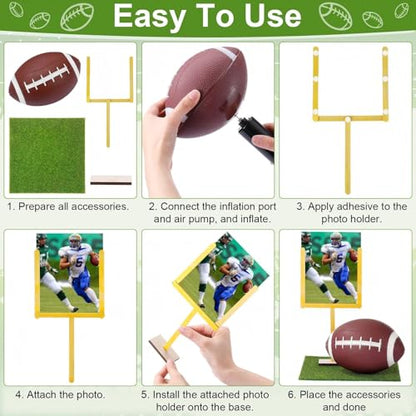 6 Set Football DIY Table Centerpiece Decor Set Includes Mini Footballs, Artificial Turf, Rugby Hoop Photo Goalposts, Football Tabletop Centerpiece Decoration for Game Birthday Party Favors