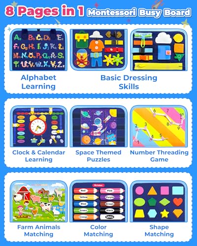 Gojmzo Busy Board Montessori Toys for Toddler Boy Birthday Gifts, Busy Book Sensory Toys for Toddlers, Learning Educational Toddler Travel Activities - style: Blue/P8
