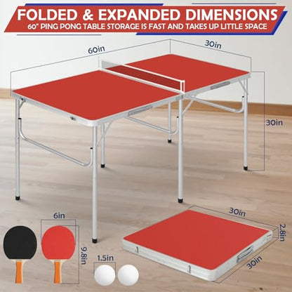 Portable Ping Pong Table, Foldable Indoor Table Tennis Game with 2 Paddles 2 Balls and Net, Quick Assembly Folding Table for Adults and Teens Home Game Room - color: 5ft-red