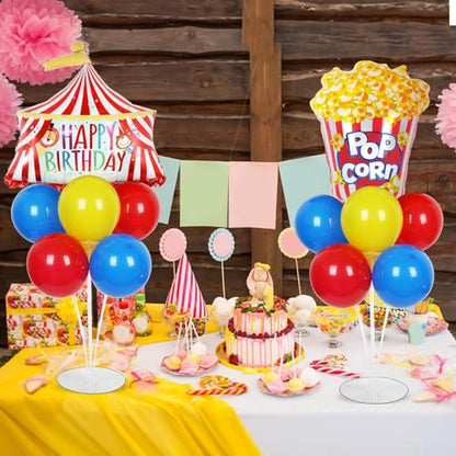 Carnival Circus Birthday Party Balloons Stand Kit 2 Sets with 2 Circus Tent Popcorn Foil Balloons Plim Themed Red Blue Yellow Balloon Centerpiece for Tables for Carnival Birthday Party Decorations - style: Carnival Circus