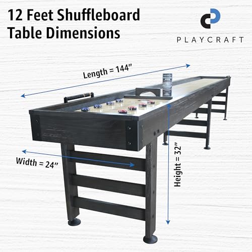 Playcraft Saybrook Shuffleboard Table with DIY Assembly - Fully Knock-Down Shuffle Board Game Table with Abacus, 8 Pucks & Premium Wax - Pro Style Climate Adjusters - Midnight Charcoal Gray - size: 12'