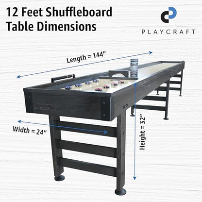 Playcraft Saybrook Shuffleboard Table with DIY Assembly - Fully Knock-Down Shuffle Board Game Table with Abacus, 8 Pucks & Premium Wax - Pro Style Climate Adjusters - Midnight Charcoal Gray - size: 12'