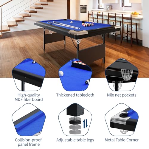 6-7 ft Folding Pool Table Set, Portable Billiard Table with Stable Steel Frame, Includes Balls, Cues, Chalks and Brush for Family Game Room, Basement
