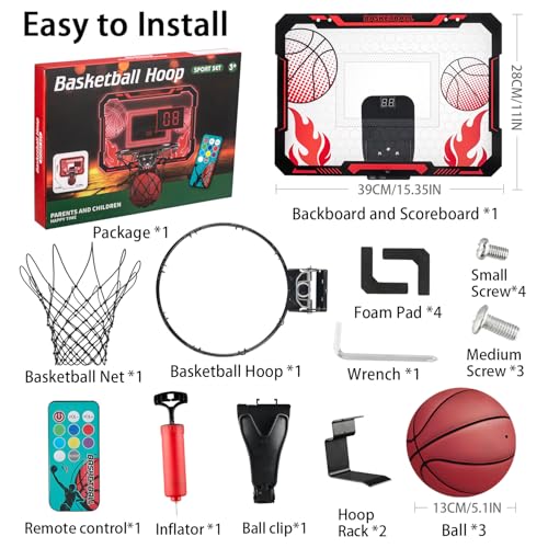 VROGTIK Indoor Basketball Hoop for Kids with Led Lights Mini Basketball Hoop with Remote Control Over The Door Basketball Hoops with Scoreboard Basketball Toys for 4-12 Year Old Boys Girls - style: Red with Lights