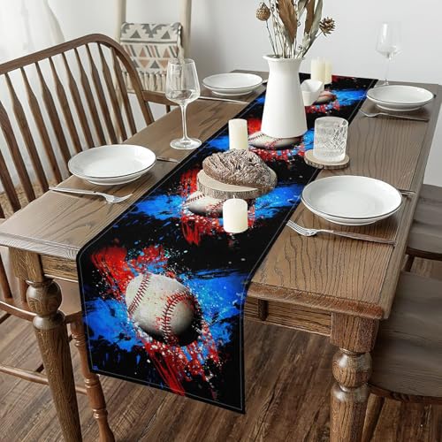Baseball Games Tie Dye Table Runner for Boys Teens Girls,Baseball Table Runners 13X60 Inch,Ball Games Sports Rectangular Runner Waterproof Table Center Decor - size: 60"x13"
