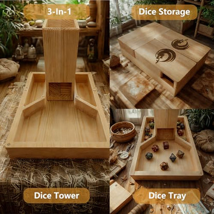 Wooden Dice Tower DND Dice Roller with Tray Portable Magnetic Die Roller Castle for Dungeons and Dragons, Board Game, D&D Tabletop Game and RPG Games