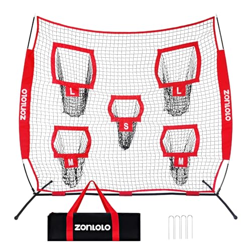 Zonlolo 7×7ft Football Throwing Net, Football Training Net,Target Practice with 5 Different Sized L/M/S Targets | Great for Quarterback | Includes Compact Carrying Bag - color: Red/Black