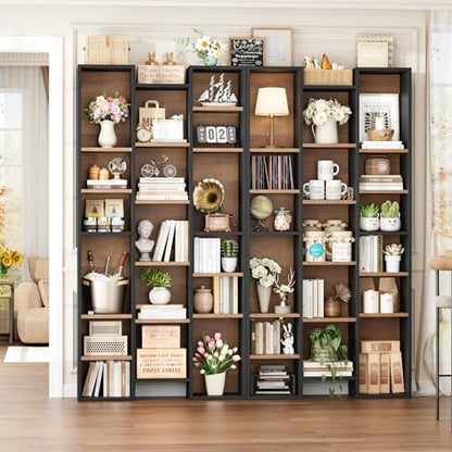 FOTOSOK 71'' Tall Bookshelf with 21 Cubes, 8 Tier Triple Wide Bookshelf with 8 Adjustable Shelves, 35" Large Bookcase DVD/CD Media Tower Storage, Freestanding Display Shelf Cabinet, Black/Brown - color: Black/Brown