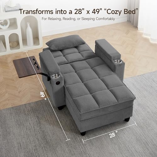 oaaktu Modern Tufted Linen Fabric Chaise Lounge Sofa Chair with Rotating Side Table,Storage,Pillow,USB Charging Ports and Adjustable Backrest Perfect for Living Room, Small Spaces (12-Dark Gray) - color: 12-dark Gray