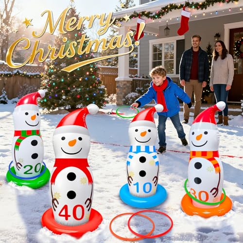 Christmas Ring Toss Game Inflatable Snowman Christmas Party Games for Kids Family Adults Xmas Activities Supplies Decoration Indoor Outdoor Garden Toys 4 Scoreboard Snowman,12 Plastic Rings Gifts