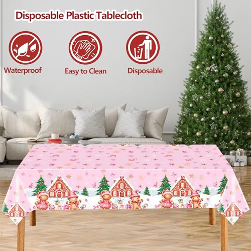 Gingerbread Christmas Tablecloths 3 Pack,Pink Disposable Plastic Christmas Table Covers 54 x 108 Inch with Gingerbread Man,House,Candy Snowflake Holiday Party Decorations - color: Christmas Pink Gingerbread