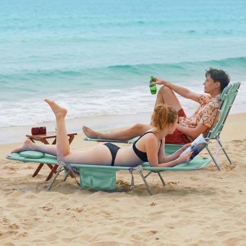 SunnyFeel Lounge Beach Chair for Adults with Face Hole, Backpack Reclining Beach Chairs Lay Flat, Sun Face Down Tanning Chair, Portable Folding Camping Cot for Outside Pool, Sunbathing, Reading - color: Teal-2set