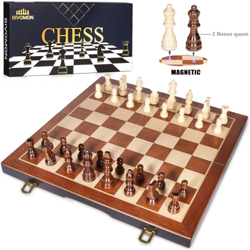 BIVOMON Chess Magnetic Wooden Chess Set 15" Unique Chess Board Game with Chess Pieces Storage Slots, Tournament Portable Folding Travel Chess Sets for Kids Adults Beginner and Pros, 2 Extra Queens