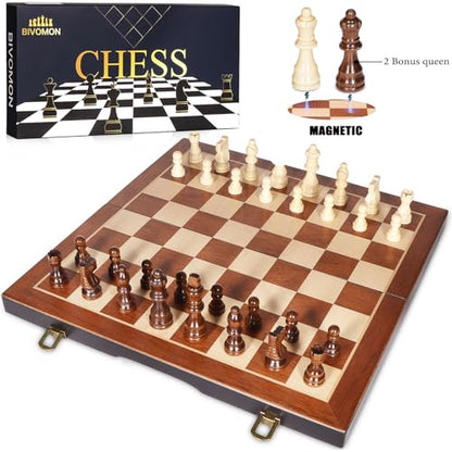 BIVOMON Chess Magnetic Wooden Chess Set 15" Unique Chess Board Game with Chess Pieces Storage Slots, Tournament Portable Folding Travel Chess Sets for Kids Adults Beginner and Pros, 2 Extra Queens