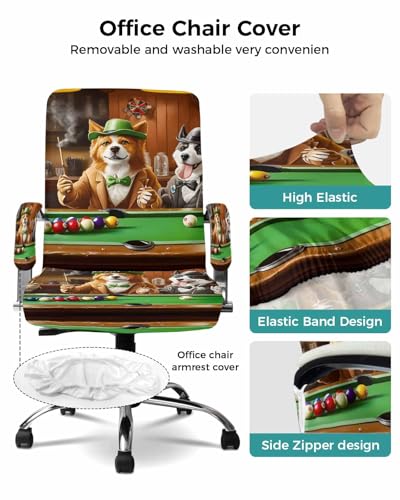 Animal Playing Billiards Office Chair Cover with Armrest Covers, Abstract Dog Universal Stretch Desk Rotating Chair Slipcovers, Board Games Removable Seat Protector with Zipper, S - color: Dark Green Brown, size: Small & 2PCS Armrest Covers