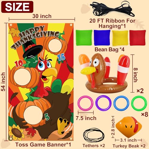3 Pack Thanksgiving Party Games for Kids Total 18 Pieces Toys Including Inflatable Turkey Hats Ring Toss & Bean Bag Toss & Turkey Beaks Carnival Party Favors Supplies for Family Indoor Outdoor Yard