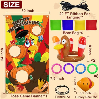 3 Pack Thanksgiving Party Games for Kids Total 18 Pieces Toys Including Inflatable Turkey Hats Ring Toss & Bean Bag Toss & Turkey Beaks Carnival Party Favors Supplies for Family Indoor Outdoor Yard