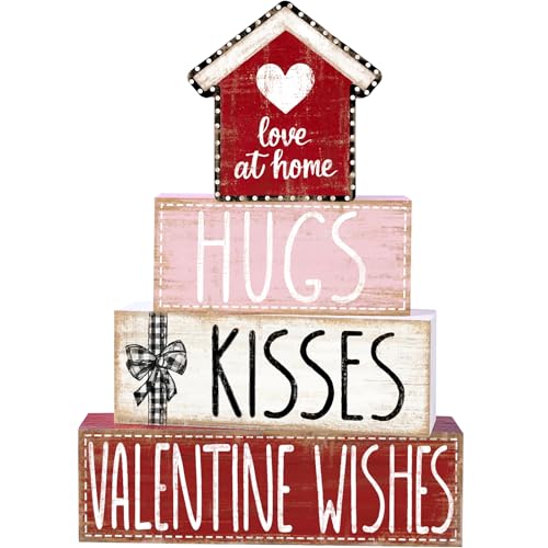 DIYDEC 4Pcs Valentine's Day Table Decoration Valentine House Wooden Block Signs Rustic Valentine Tiered Tray Decor Valentines Day Centerpiece Sign for Farmhouse Holiday Tabletop Home Party Decor - style: Valentine House