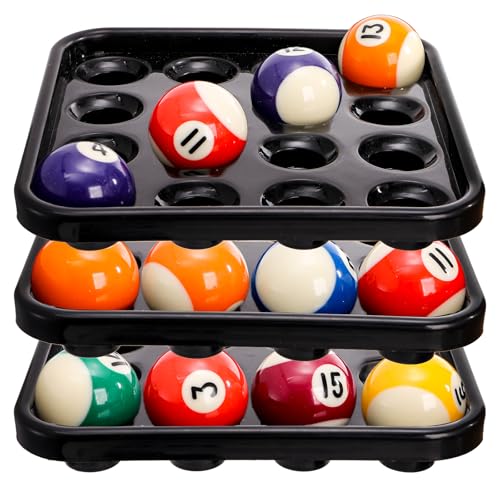TOPZEA 3 Pack Standard Pool Billiard Ball Tray, Black Sturdy Plastic Billiard Balls Carrying & Storage Trays for 16 Balls Full Set Regulation Size Ball 2-1/4 inch, Pool Table Accessories
