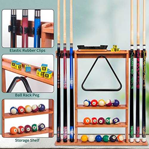 Brown Pool Stick Holder, Wall Mount Pool Cue Rack ,Solid Wood Floor Stand for billiard cue sticks,Holds 6 Pool Cues & a Full Set of Balls,Professional Pool Table Accessories for Billiard Room or Club