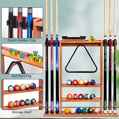 Brown Pool Stick Holder, Wall Mount Pool Cue Rack ,Solid Wood Floor Stand for billiard cue sticks,Holds 6 Pool Cues & a Full Set of Balls,Professional Pool Table Accessories for Billiard Room or Club