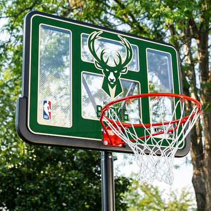 Lifetime NBA Milwaukee Bucks Portable Basketball Hoop, Adjustable Height 7.5-10 Ft, 44 Inch Shatterproof Fusion Backboard, Base with Wheels - color: Milwaukee Bucks