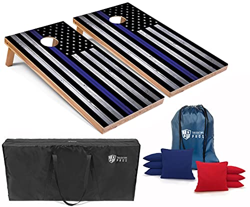Tailgating Pros Cornhole Board Set w/Bean Bags and Carrying Case - 4'x2' Corn Hole Toss - Tournament and Lightweight Options - Optional LED Lights - color: Thin Blue Line, size: 4'x2' Boards