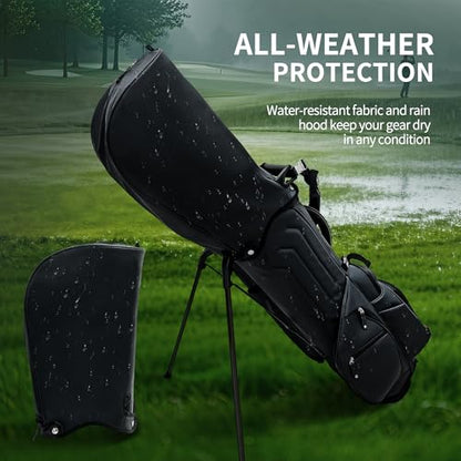 Luxury Faux Leather Golf Stand Bag, 4-Way Full-Length Divider Golf Bag with Carbon Fiber Stand, Cooler Pocket, Ergonomic Straps, Magnetic Pocket, Golf Club Bag with Rain Hood for Men/Women - color: Black