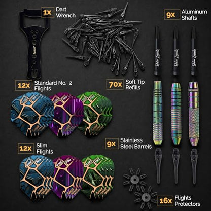 IgnatGames Soft Tip Darts Set for Electronic Dartboards, 9 Pack 18g Stainless Steel, Multi-Zone Grip, 70 Spare Tips, Magnetic Case & Companion App - color: 16g Vegas Lights