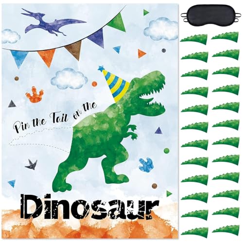WERNNSAI Pin the Tail on The Dinosaur - T-Rex Dinosaur Birthday Decorations Roar Dino Theme Party Games for Toddlers Kids Boys Room Wall Decor 21" x 28" Poster with 24 Stickers and Blindfold - style: Dinosaur C